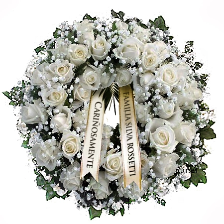 Corona de flores para funeral con rosas blancas, flores mixtas blancas y dos cintas impresas con letras doradas